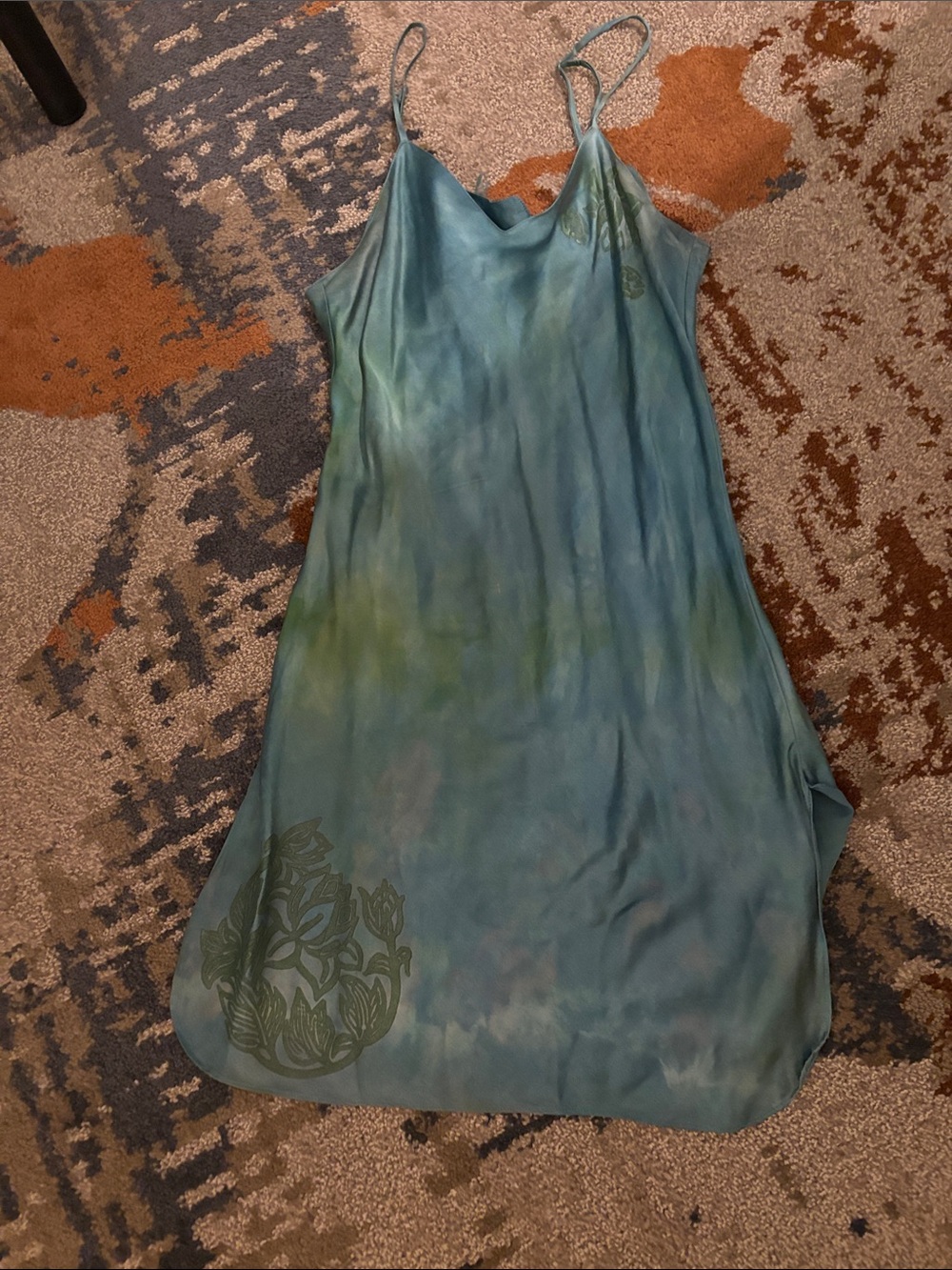 I E handmade Teal Satin Dress with hand printed detail 100% silk